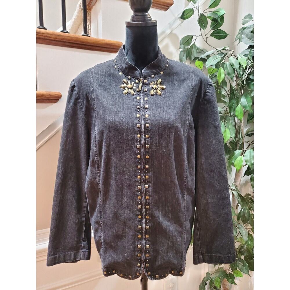 Alfred Dunner Women Gray Denim Ramie Long Sleeve Full Zip Casual Jacket Size 16W